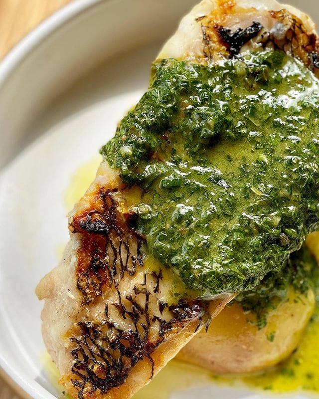 Black Bass with Coal Roasted Yukon Gold Potatoes and Salsa Verde
