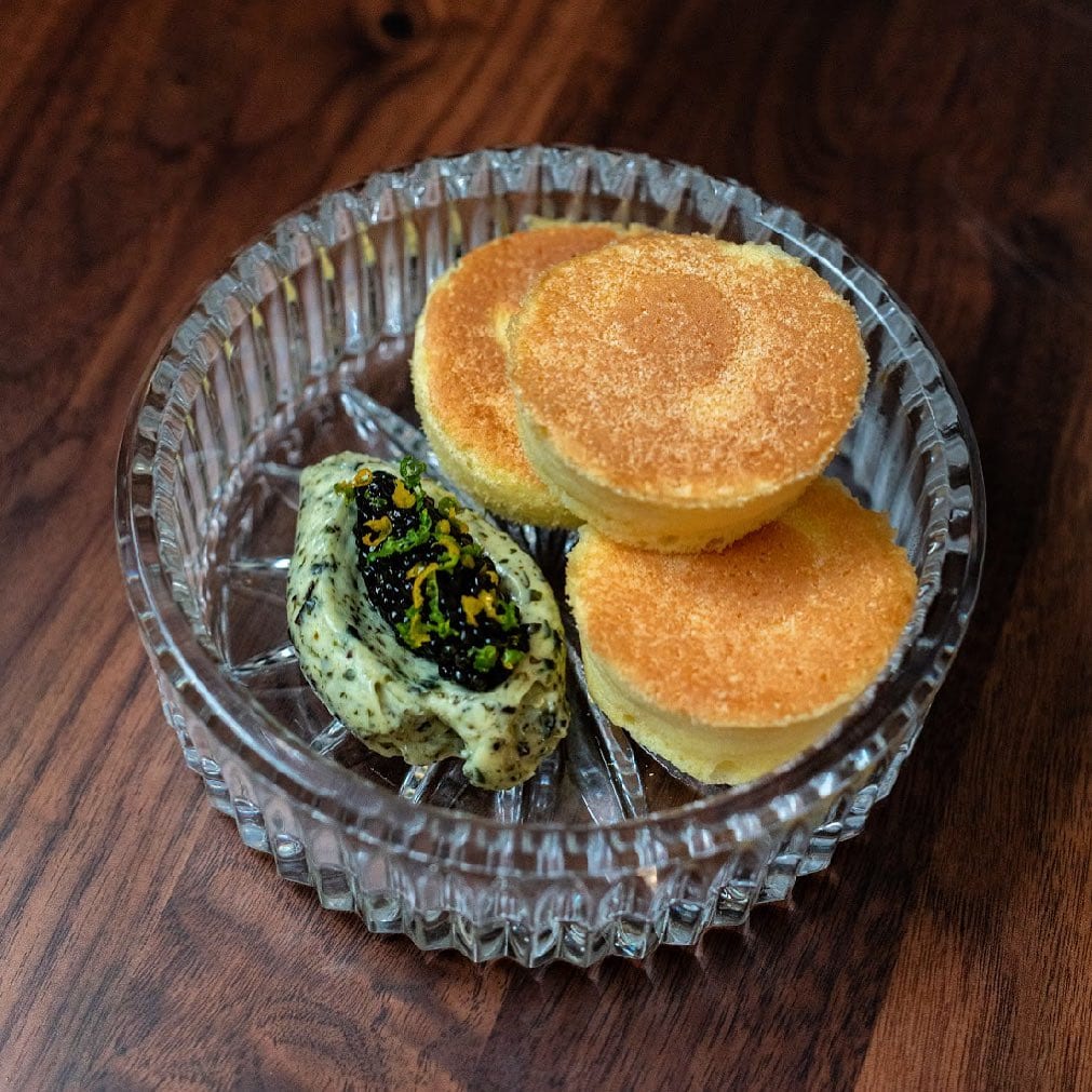 Souffle Cakes with seaweed butter caviar and pink lemon