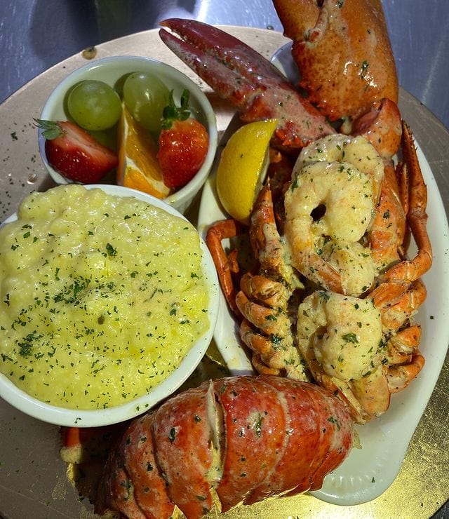 Steamed whole Lobster and Grits and Shrimps